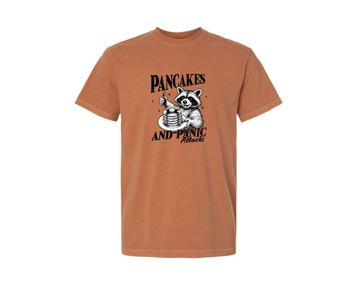 brand:Comfort Colors|color:Yam|Mental Health Raccoon Pancakes And Panic Graphic T-Shirt