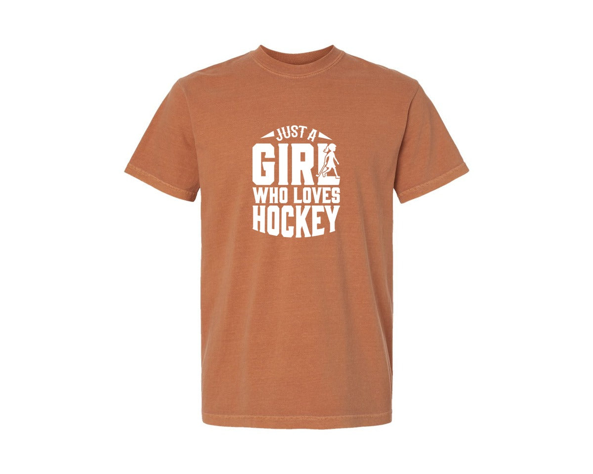 brand:Comfort Colors|color:Yam|Girl Who Loves Hockey Hockey Graphic T-Shirt