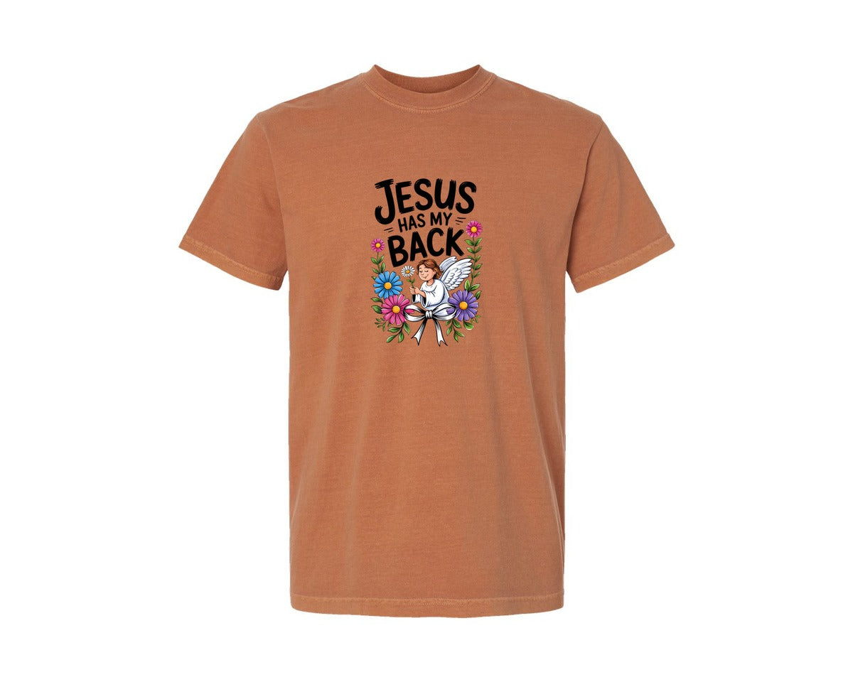 brand:Comfort Colors|color:Yam|Jesus Has My Back Floral Design Sublimat Graphic T-Shirt
