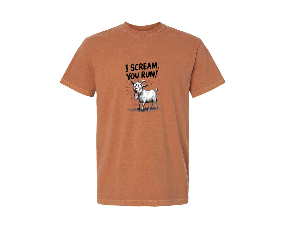brand:Comfort Colors|color:Yam|I Scream You Run Funny Screaming Goat Graphic T-Shirt