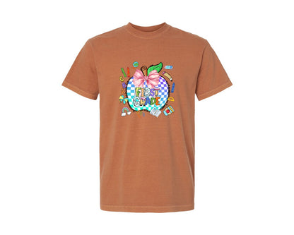 brand:Comfort Colors|color:Yam|First Grade Coquette School Pencil Bow Graphic T-Shirt