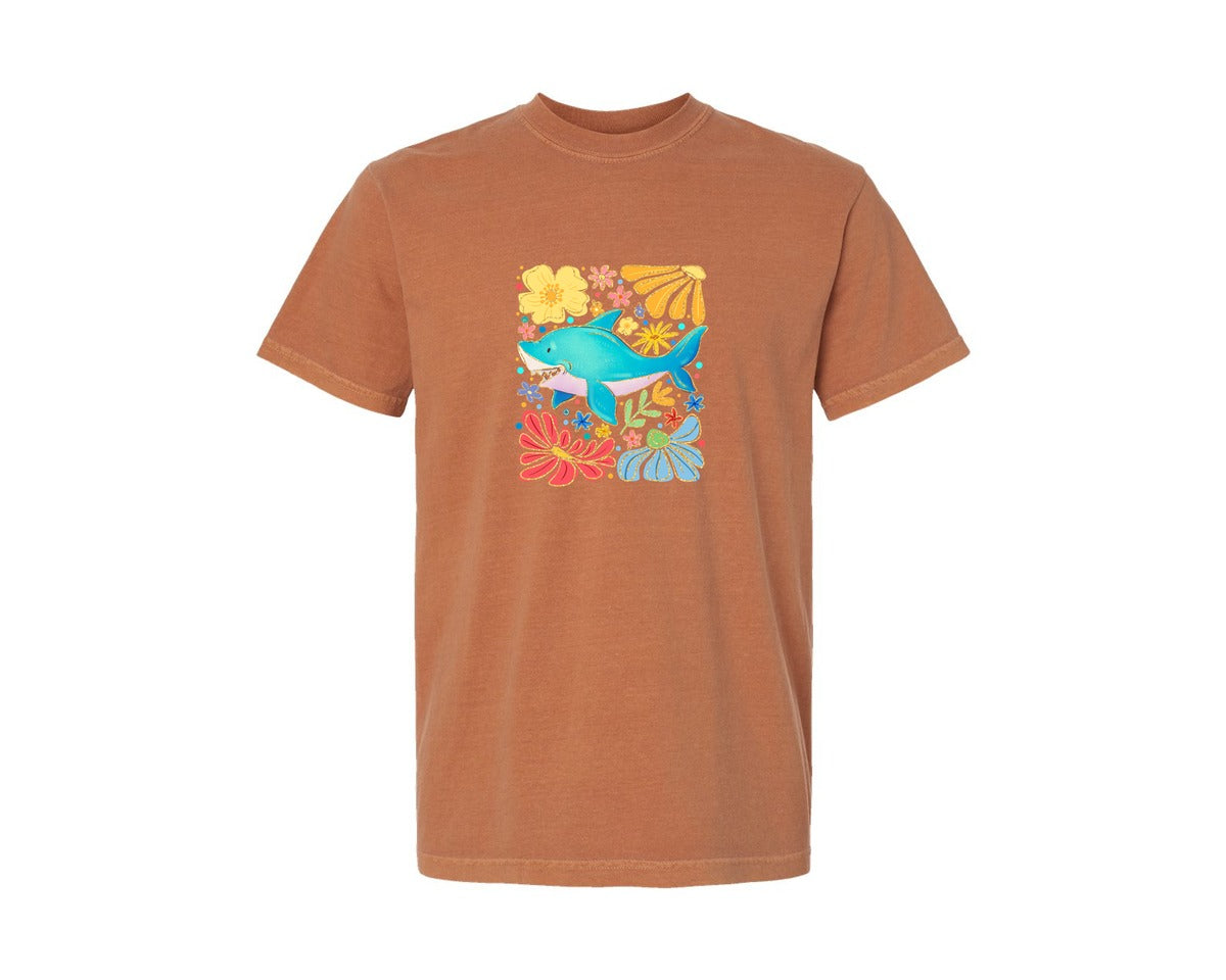 brand:Comfort Colors|color:Yam|Boho Summer Shark Floral Summer Graphic T-Shirt