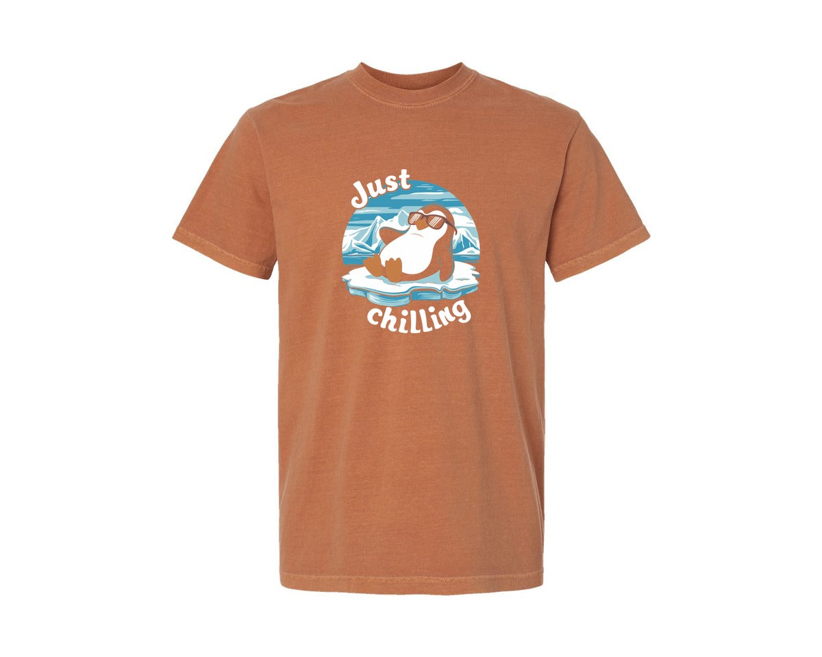 brand:Comfort Colors|color:Yam|Just Chilling Penguin Pun Relaxed Vibes Graphic T-Shirt