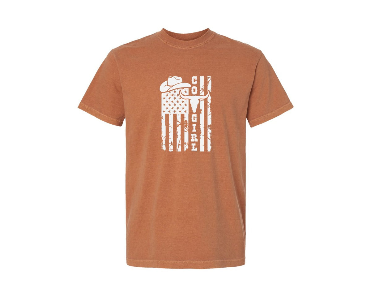 brand:Comfort Colors|color:Yam|Cowgirl American Flag Design Graphic T-Shirt