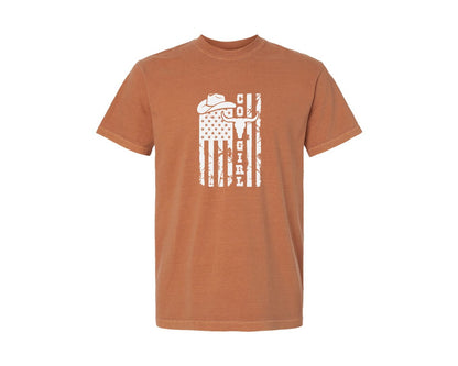 brand:Comfort Colors|color:Yam|Cowgirl American Flag Design Graphic T-Shirt