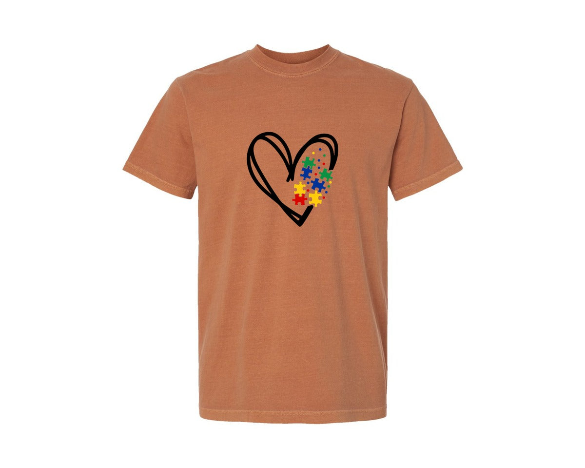 brand:Comfort Colors|color:Yam|Autism Heart Autism Puzzle Graphic T-Shirt