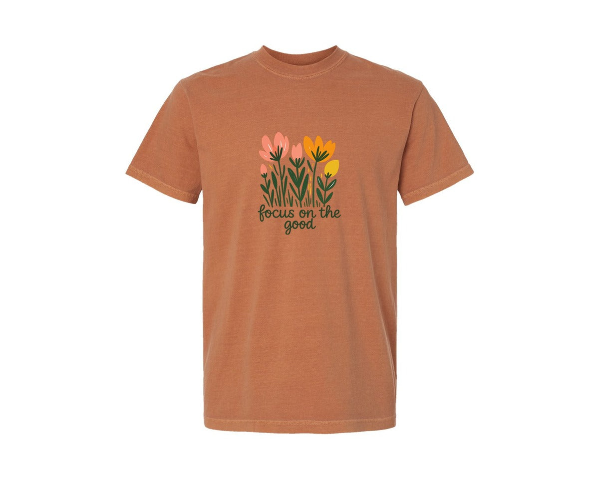 brand:Comfort Colors|color:Yam|Focus On The Good Retro Floral Graphic T-Shirt