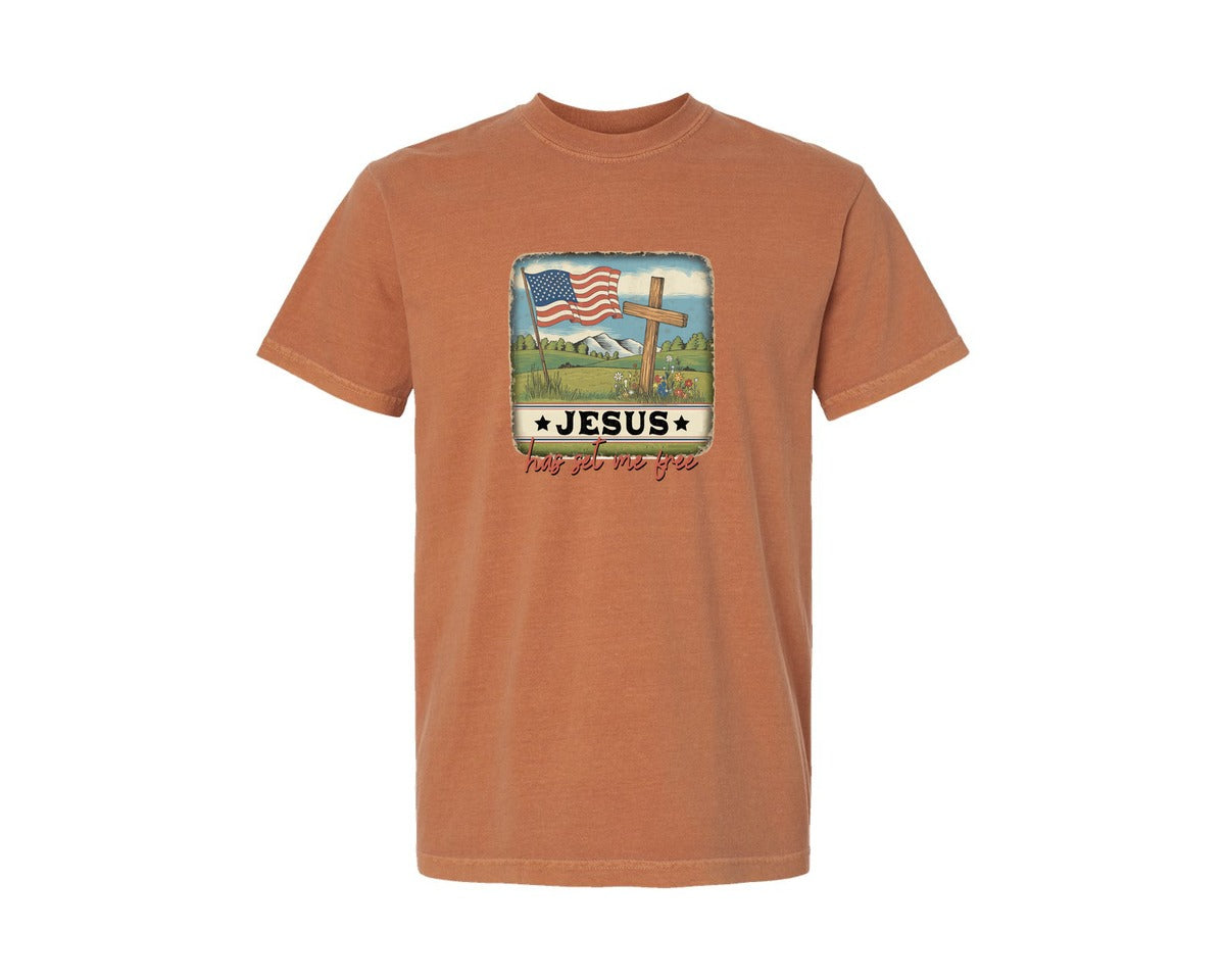 brand:Comfort Colors|color:Yam|Usa Flag Cross Jesus Has Set Me Free Graphic T-Shirt