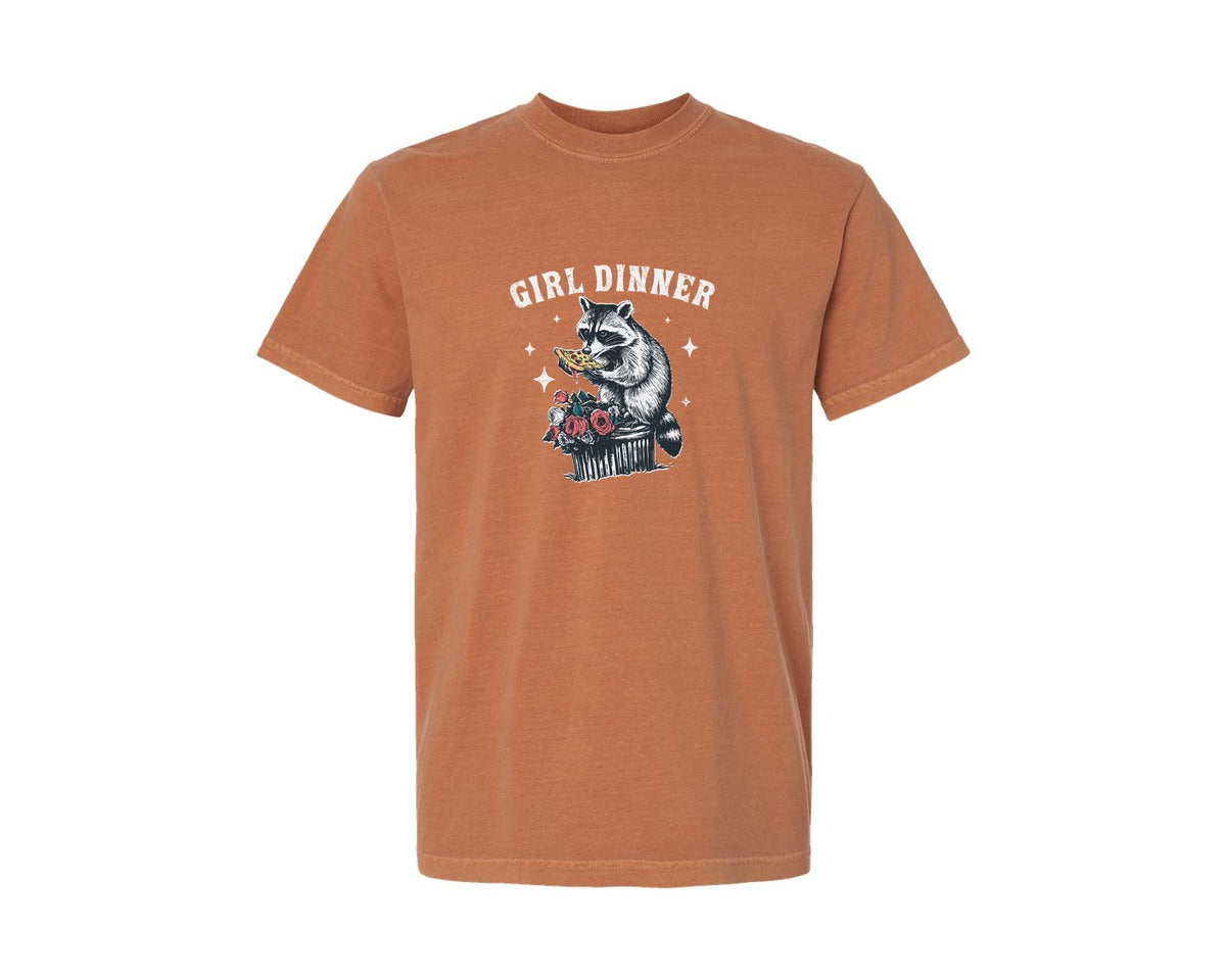 brand:Comfort Colors|color:Yam|Girl Dinner Raccoon Eat Pizza Shirt Graphic T-Shirt