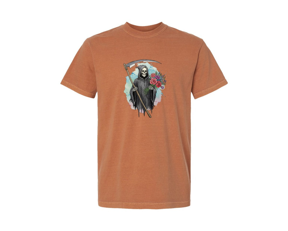 brand:Comfort Colors|color:Yam|Grim Reaper With Flowers Gothic Graphic T-Shirt