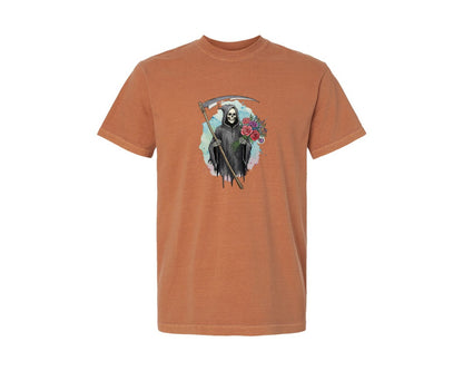 brand:Comfort Colors|color:Yam|Grim Reaper With Flowers Gothic Graphic T-Shirt