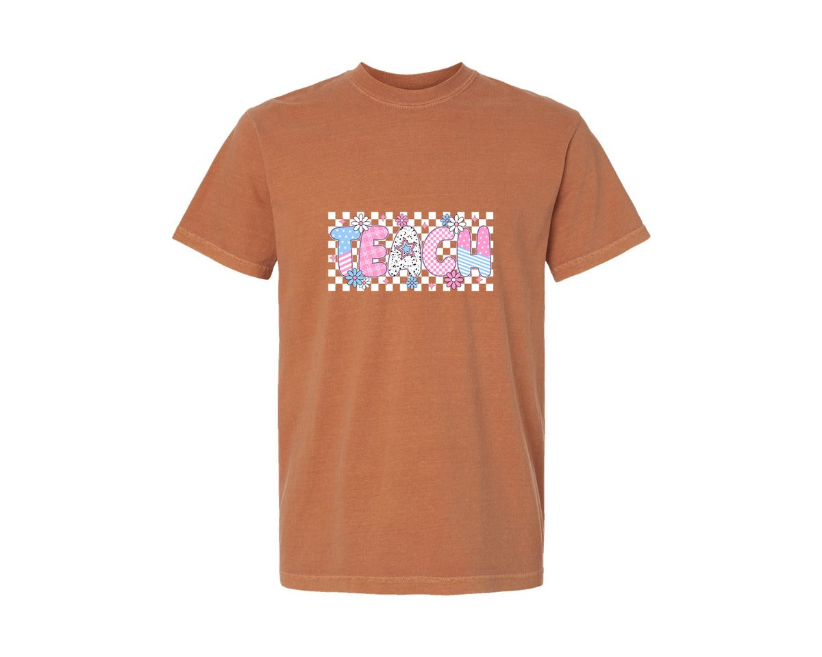 brand:Comfort Colors|color:Yam|Preppy Floral Teach Teacher Graphic T-Shirt