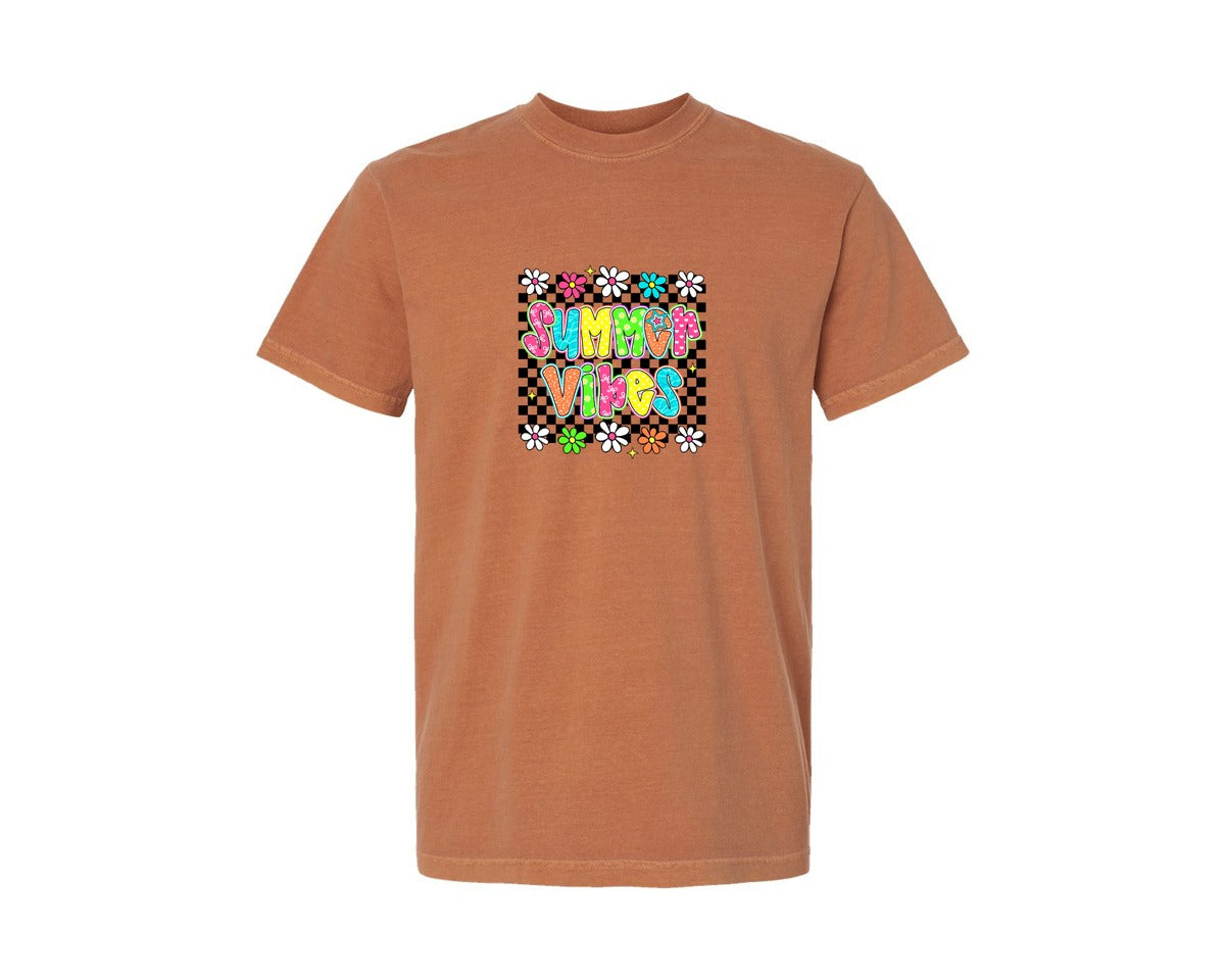 brand:Comfort Colors|color:Yam|Checkered Summer Vibe Summer Graphic T-Shirt