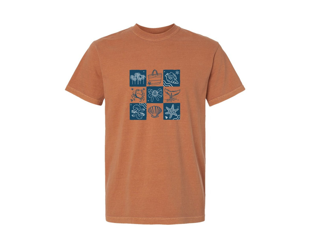 brand:Comfort Colors|color:Yam|Summer Vibes Checkered Beach Graphic T-Shirt