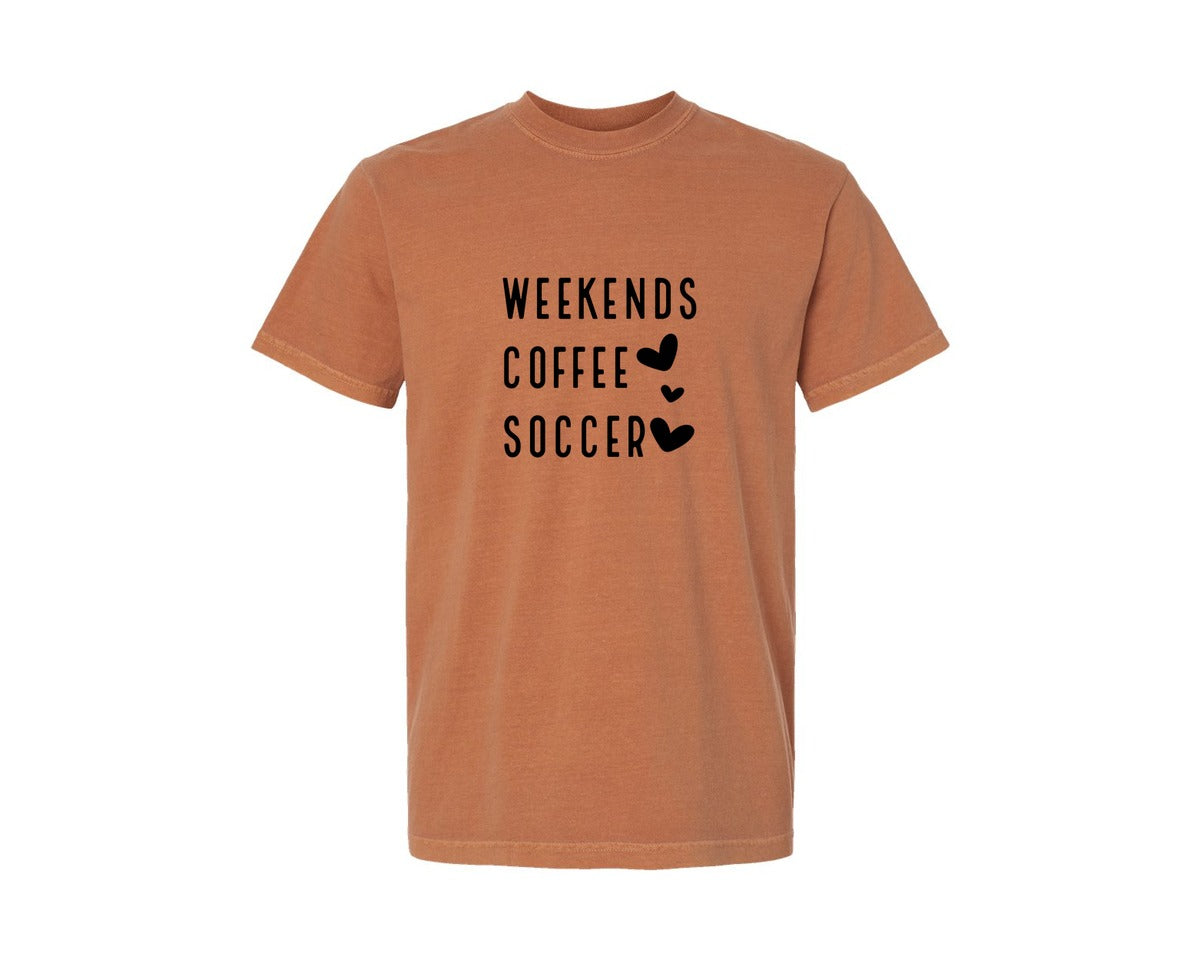 brand:Comfort Colors|color:Yam|Soccer Weekends Coffee Socce Avg Graphic T-Shirt