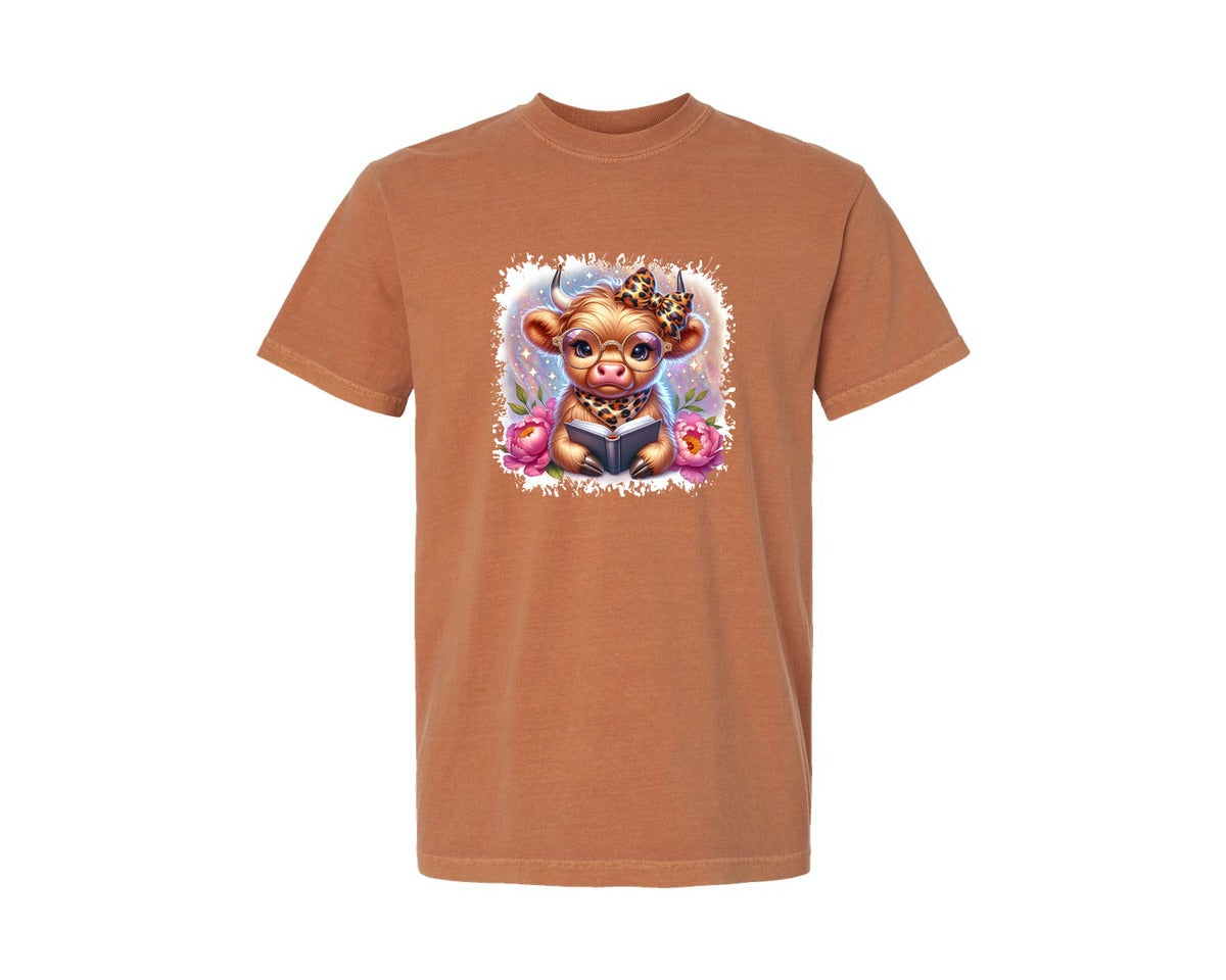 brand:Comfort Colors|color:Yam|Highland Cow Reading Book Square Tshirt Graphic T-Shirt