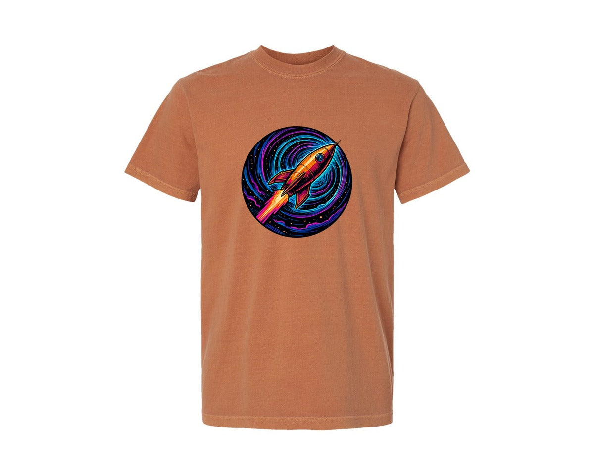 brand:Comfort Colors|color:Yam|Retro Rocket Galaxy T Shirt Design Graphic T-Shirt