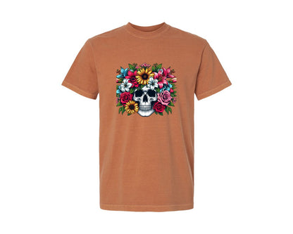 brand:Comfort Colors|color:Yam|Retro Floral Skull Design Graphic T-Shirt