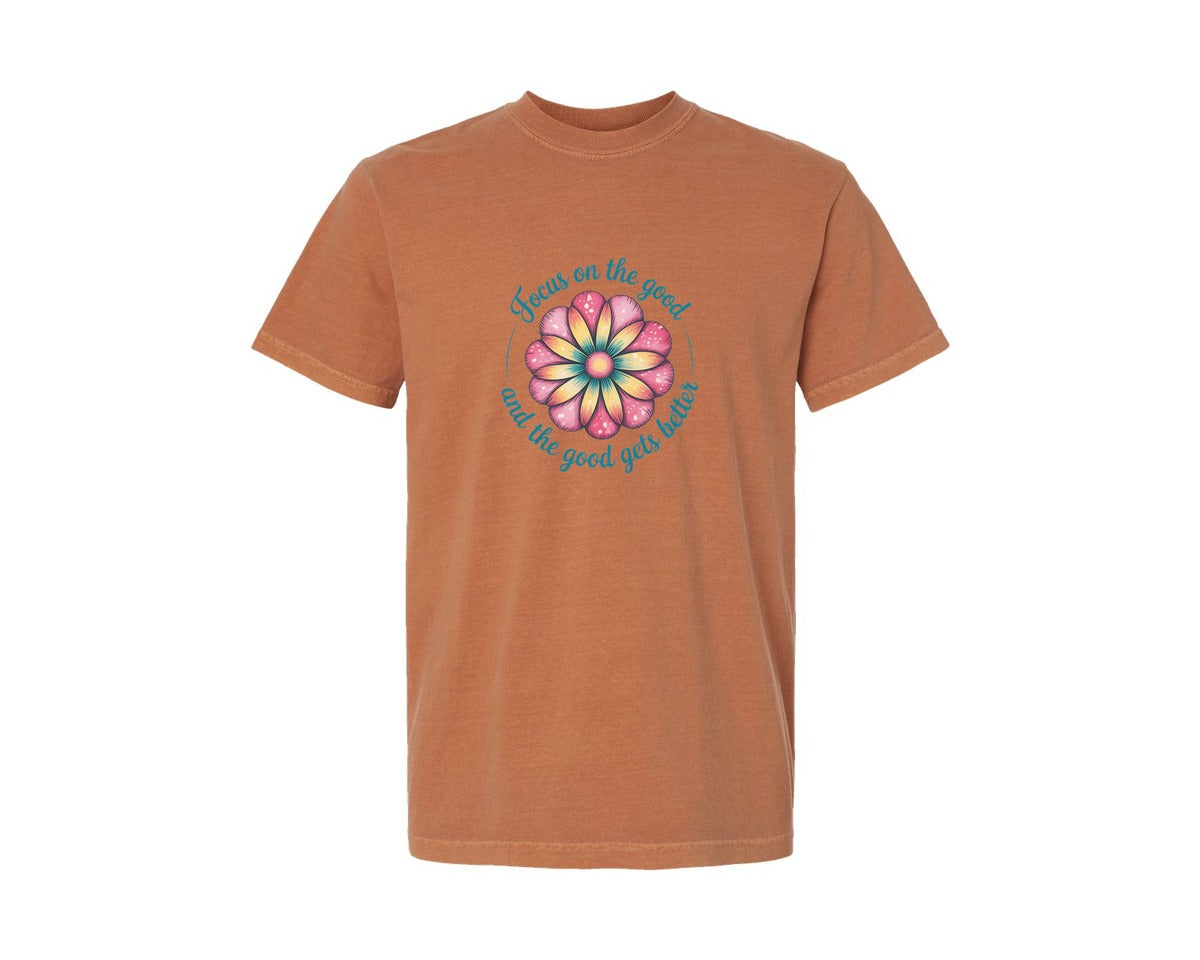 brand:Comfort Colors|color:Yam|Focus On The Good Summer Flowers Graphic T-Shirt