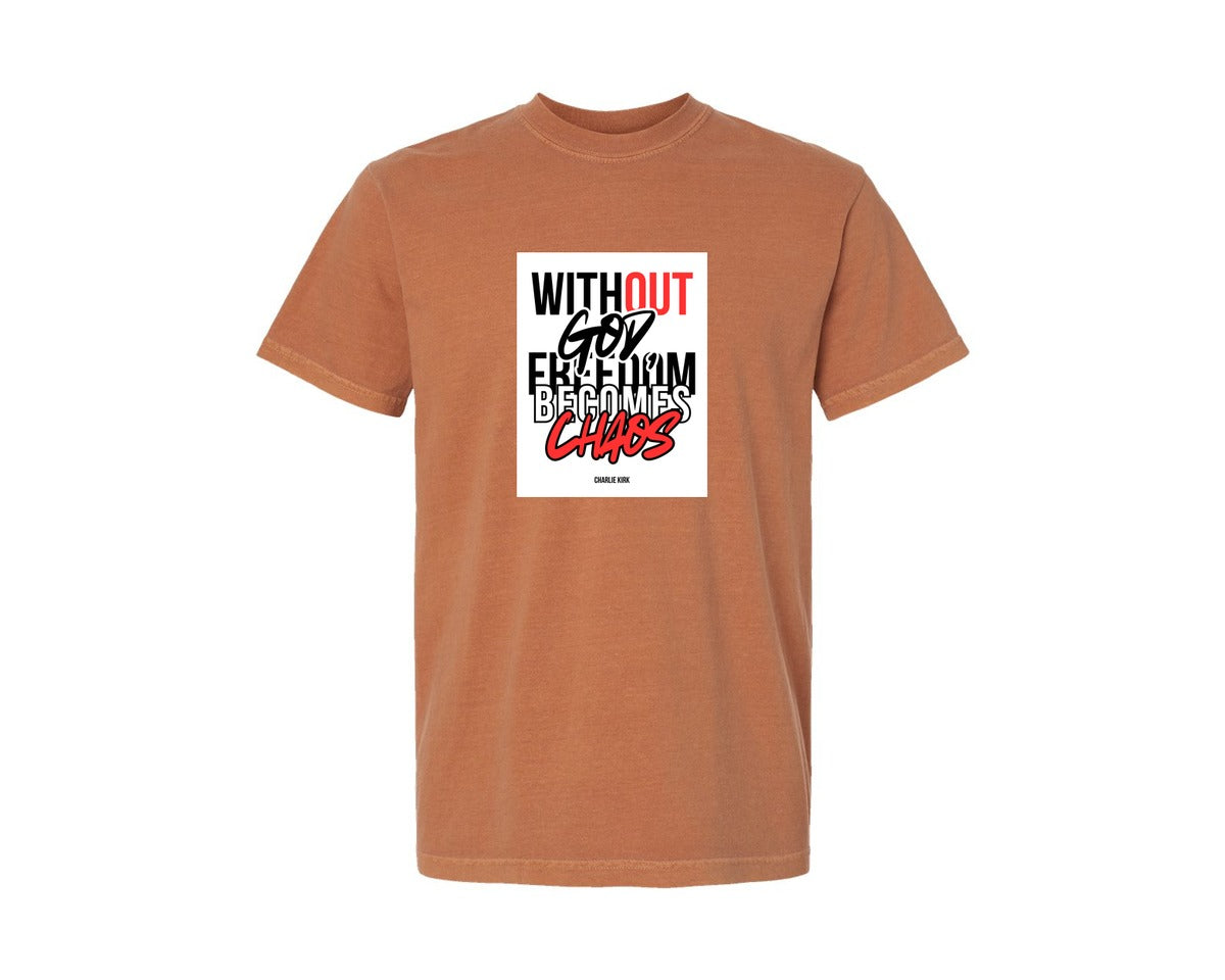 brand:Comfort Colors|color:Yam|Charlie Kirk Freedom Chaos Graphic T-Shirt