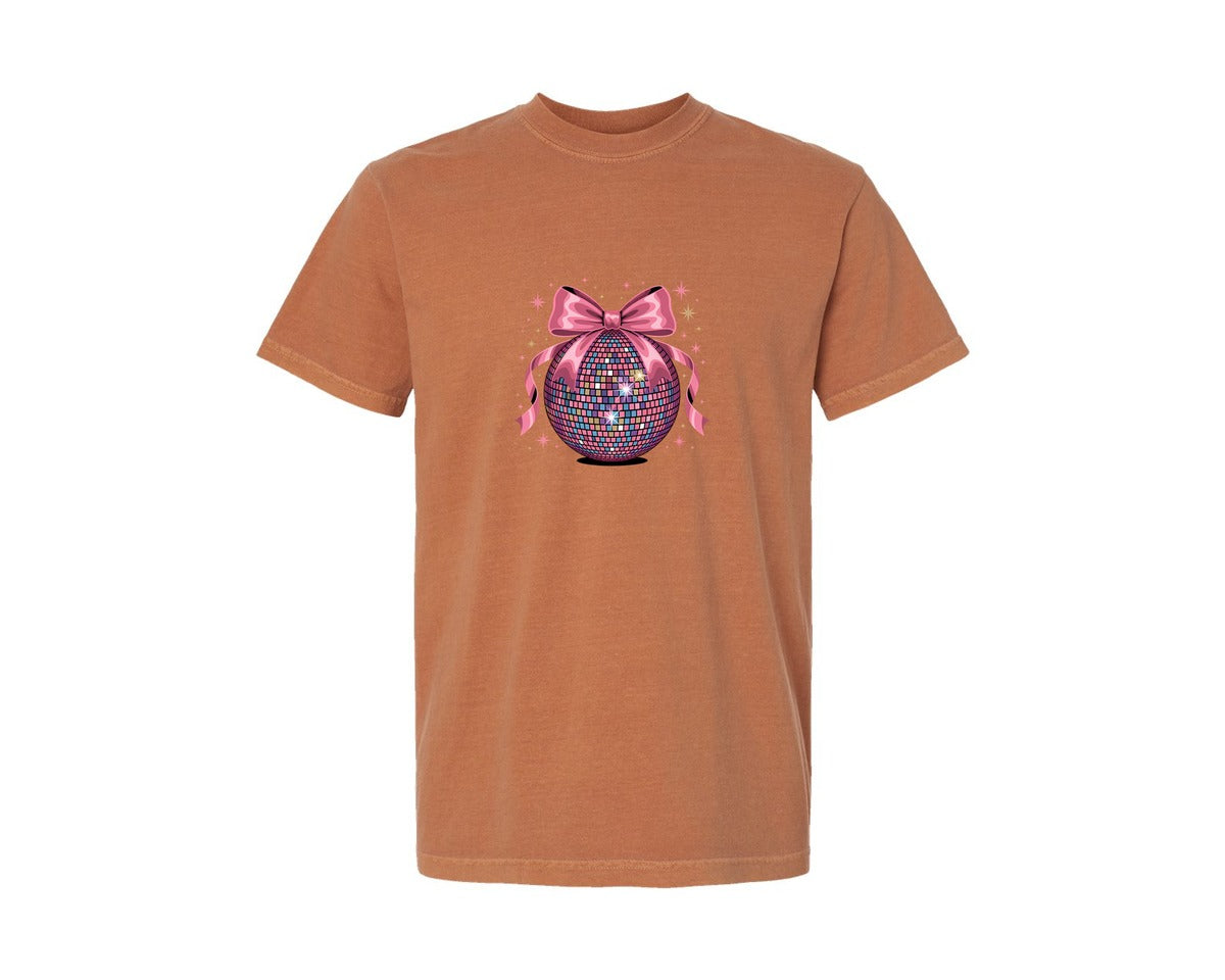 brand:Comfort Colors|color:Yam|Disco Ball Coquette Bow Graphic T-Shirt