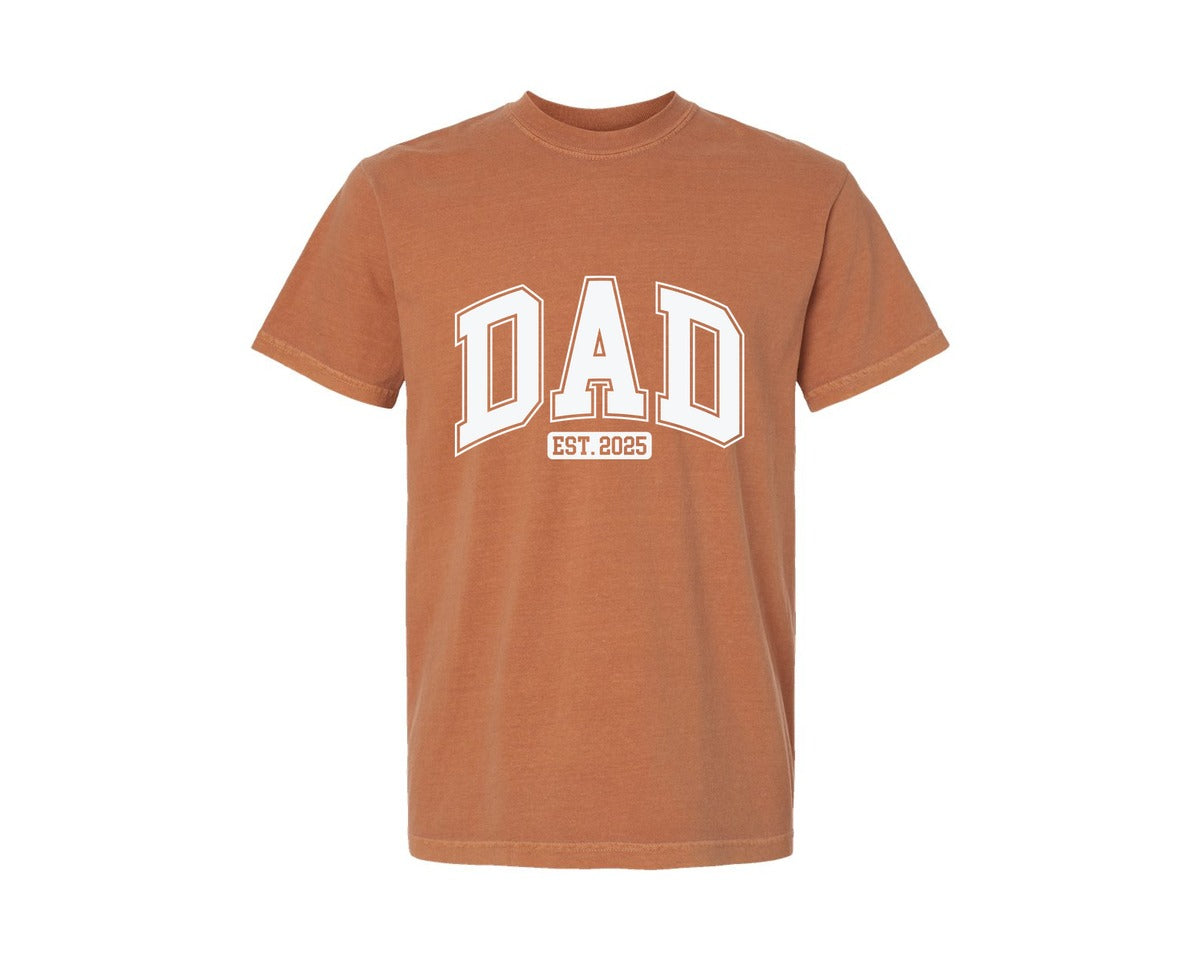 brand:Comfort Colors|color:Yam|Dad Est 2025 Varsity Father Gift Graphic T-Shirt