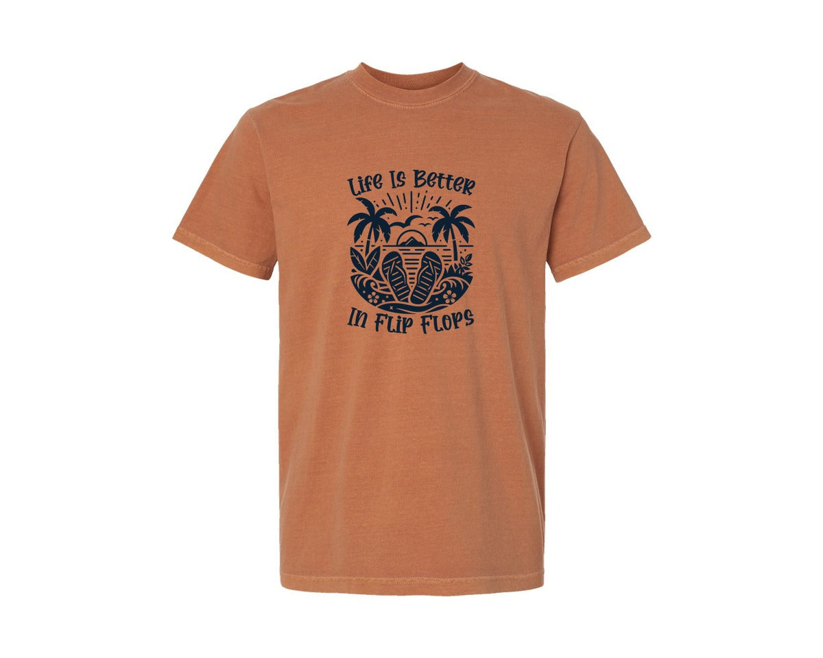 brand:Comfort Colors|color:Yam|Life Is Better In Flip Flops Family Graphic T-Shirt