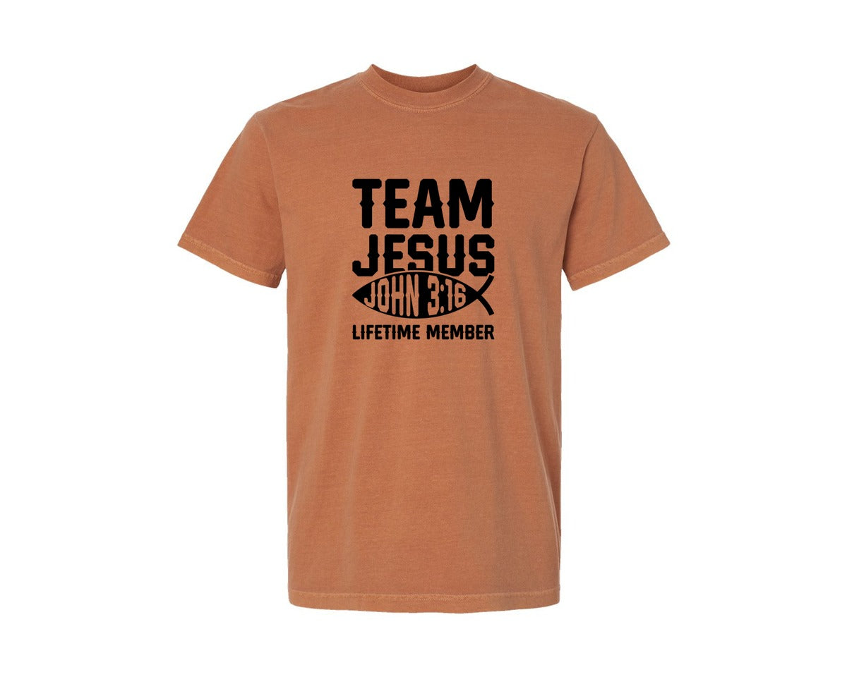 brand:Comfort Colors|color:Yam|Team Jesus Lifetime Member Shirt Graphic T-Shirt