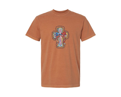brand:Comfort Colors|color:Yam|Christian 4Th Of July Cross Graphic T-Shirt