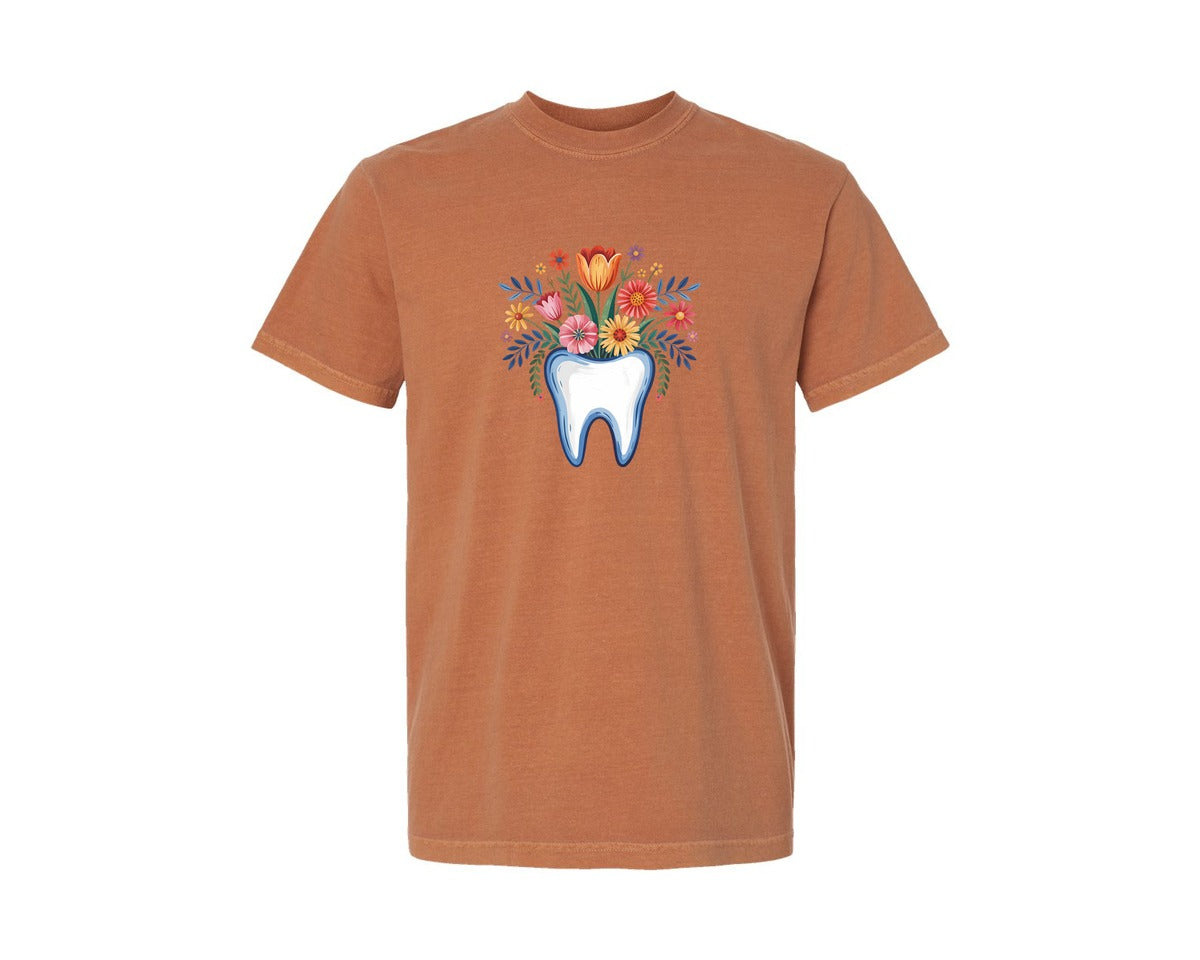 brand:Comfort Colors|color:Yam|Floral Tooth Retro Dentist Dental Studen 2 Graphic T-Shirt