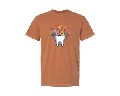 brand:Comfort Colors|color:Yam|Floral Tooth Retro Dentist Dental Studen 2 Graphic T-Shirt