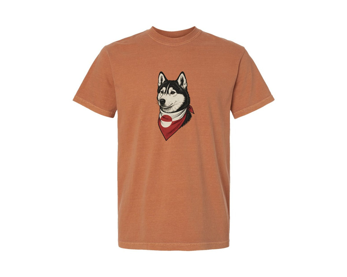brand:Comfort Colors|color:Yam|Greenland Husky Dog With Flag Bandana Graphic T-Shirt