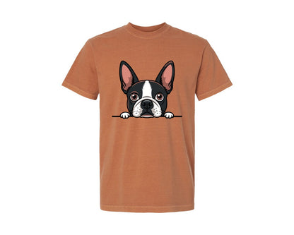 brand:Comfort Colors|color:Yam|Peeking Boston Terrier Dog Vector Graphic T-Shirt