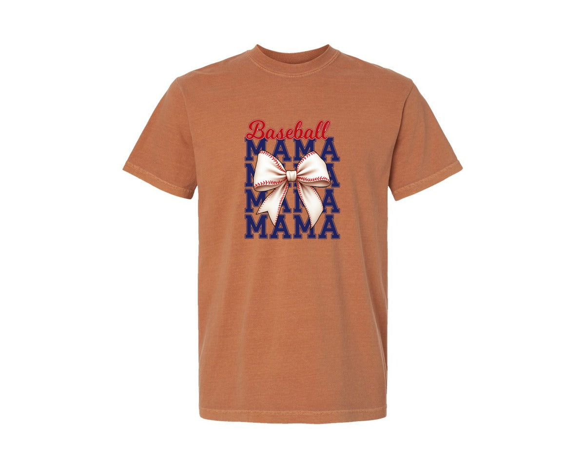 brand:Comfort Colors|color:Yam|Baseball Mama Mom Coquette Bow Game Graphic T-Shirt