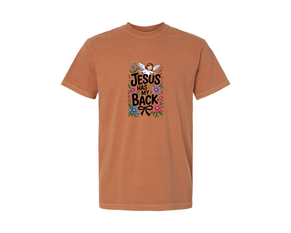 brand:Comfort Colors|color:Yam|Jesus Has My Back Floral Design Sublimat 2 Graphic T-Shirt