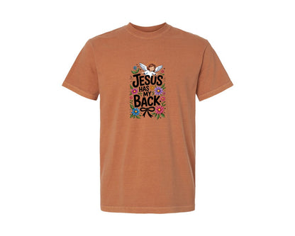brand:Comfort Colors|color:Yam|Jesus Has My Back Floral Design Sublimat 2 Graphic T-Shirt