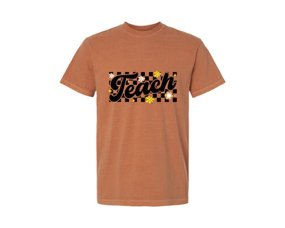 brand:Comfort Colors|color:Yam|Teach Checkered Floral Teacher Graphic T-Shirt