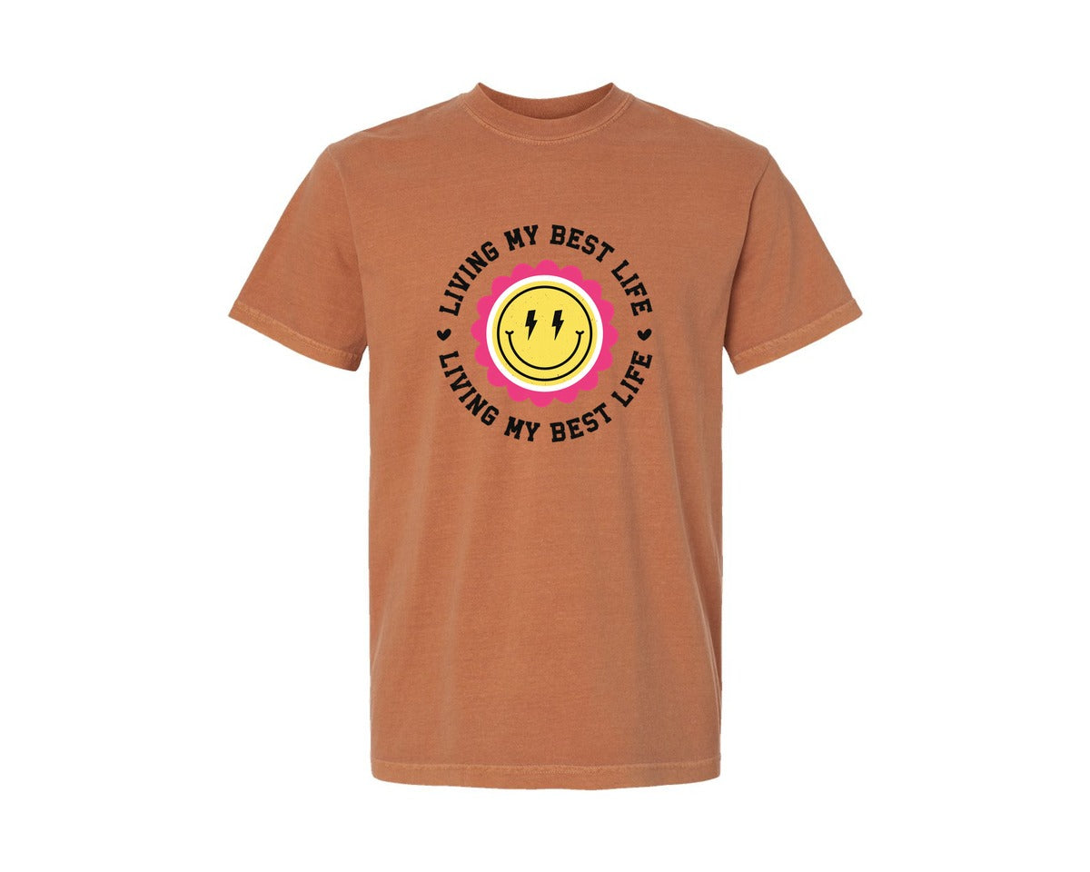 brand:Comfort Colors|color:Yam|Living My Best Life Smiley Face Graphic T-Shirt