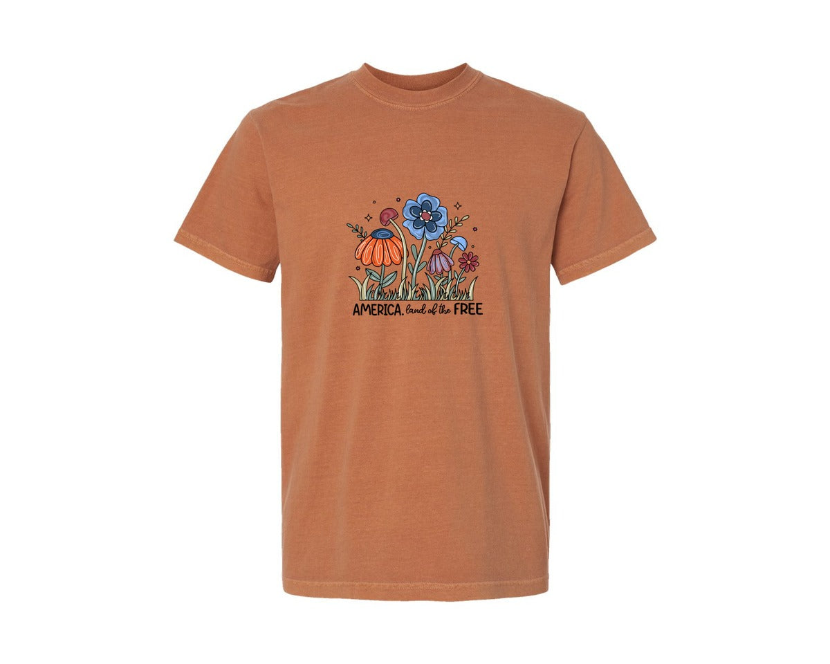 brand:Comfort Colors|color:Yam|Floral America Land Of The Free Graphic T-Shirt