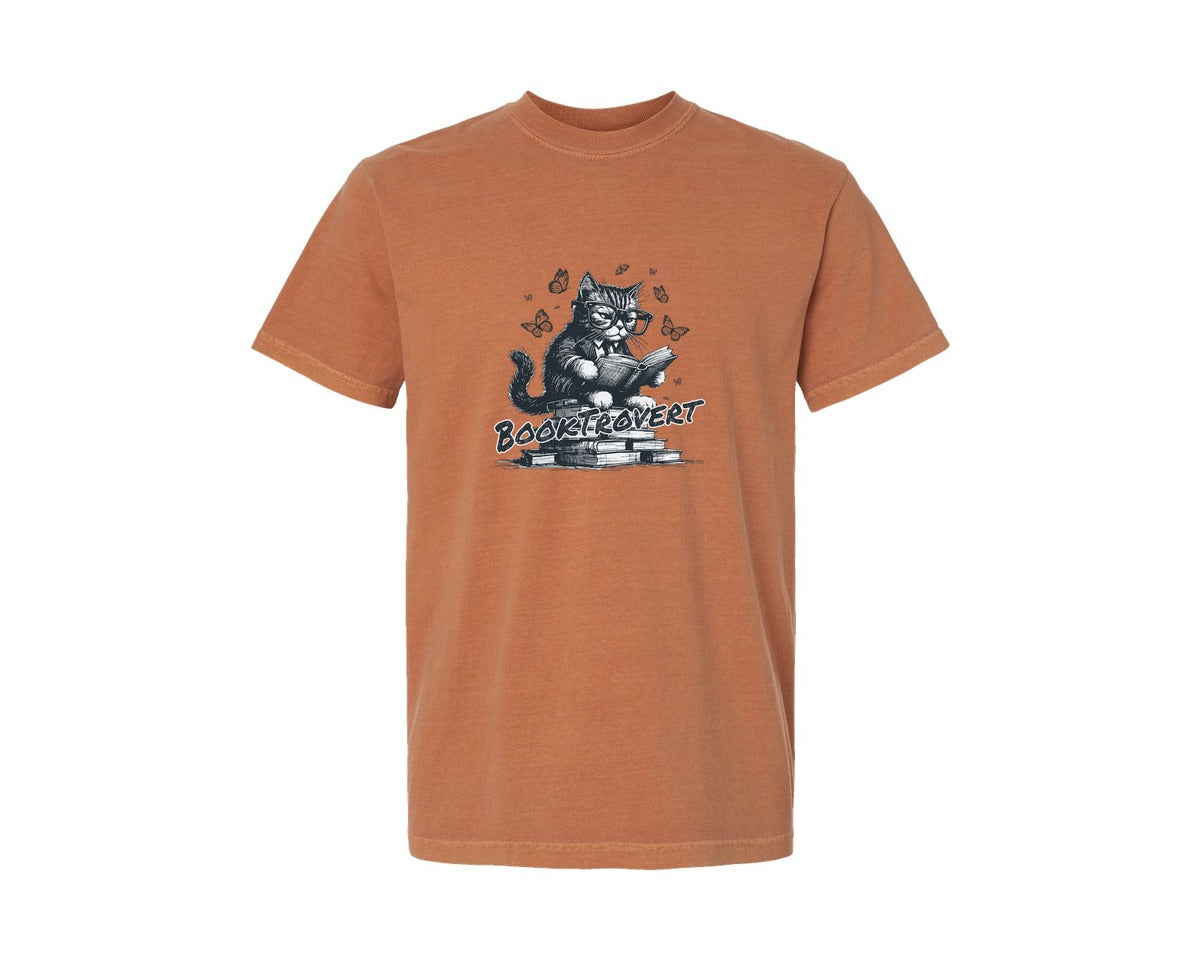 brand:Comfort Colors|color:Yam|Book Trovert Reading Cat Shirt Graphic T-Shirt