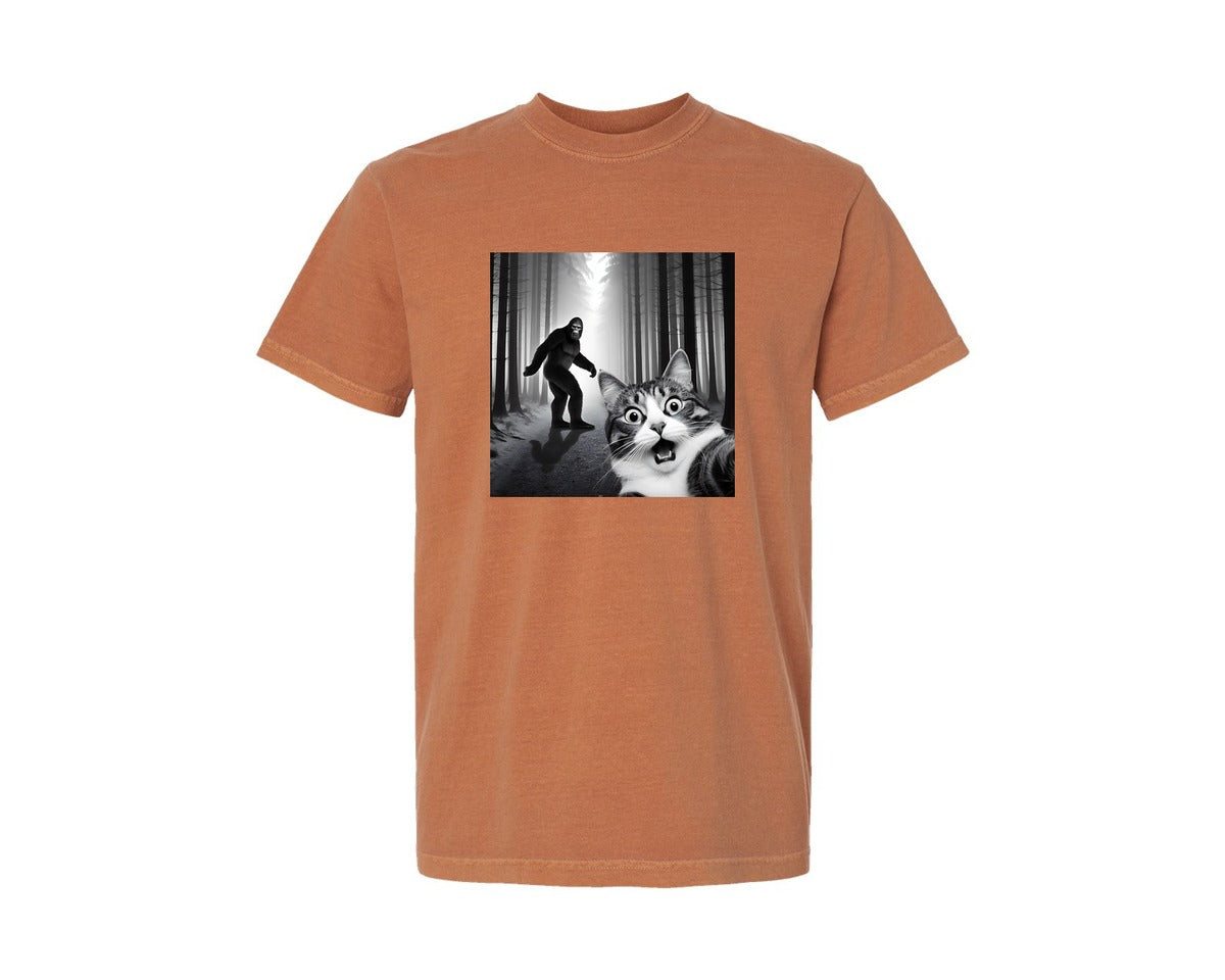 brand:Comfort Colors|color:Yam|Cat Selfie With Sasquatch Graphic T-Shirt