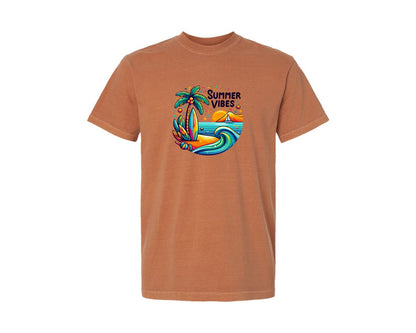 brand:Comfort Colors|color:Yam|Summer Surf Waves Palm Tree Summer Vibes Graphic T-Shirt