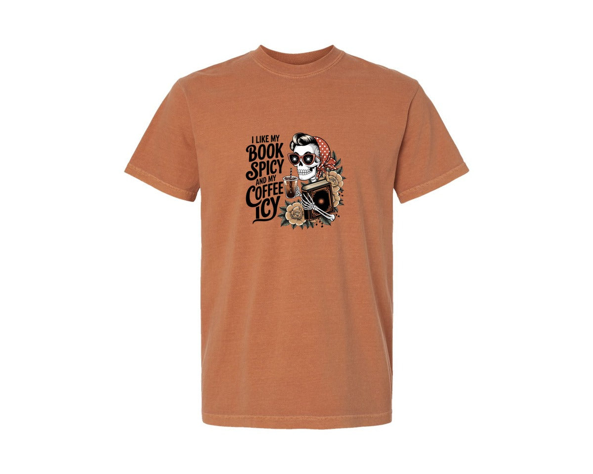 brand:Comfort Colors|color:Yam|I Like My Books Spicy And My Coffee Icy 10 Graphic T-Shirt