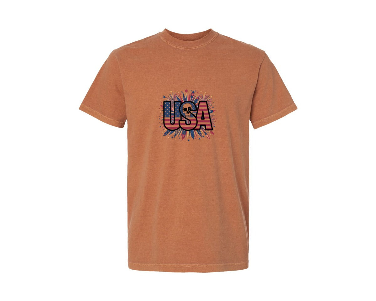 brand:Comfort Colors|color:Yam|Usa Skull Fireworks 4Th Of July T Shirt 2 Graphic T-Shirt