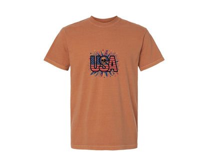 brand:Comfort Colors|color:Yam|Usa Skull Fireworks 4Th Of July T Shirt 2 Graphic T-Shirt