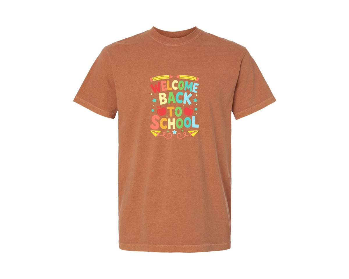 brand:Comfort Colors|color:Yam|Welcome Back School Quote Art Graphic T-Shirt