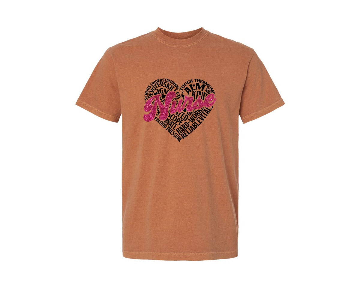 brand:Comfort Colors|color:Yam|Nurse Heart Word Art Nurse Life Graphic T-Shirt