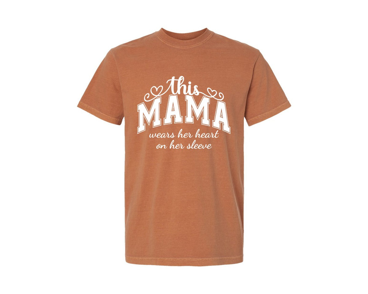 brand:Comfort Colors|color:Yam|This Mama Wears Her Heart On Her Sleeve 74 Graphic T-Shirt