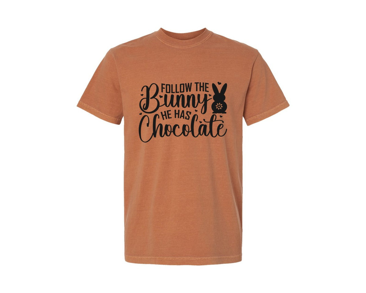 brand:Comfort Colors|color:Yam|Follow The Bunny He Has Chocolate 65 Graphic T-Shirt