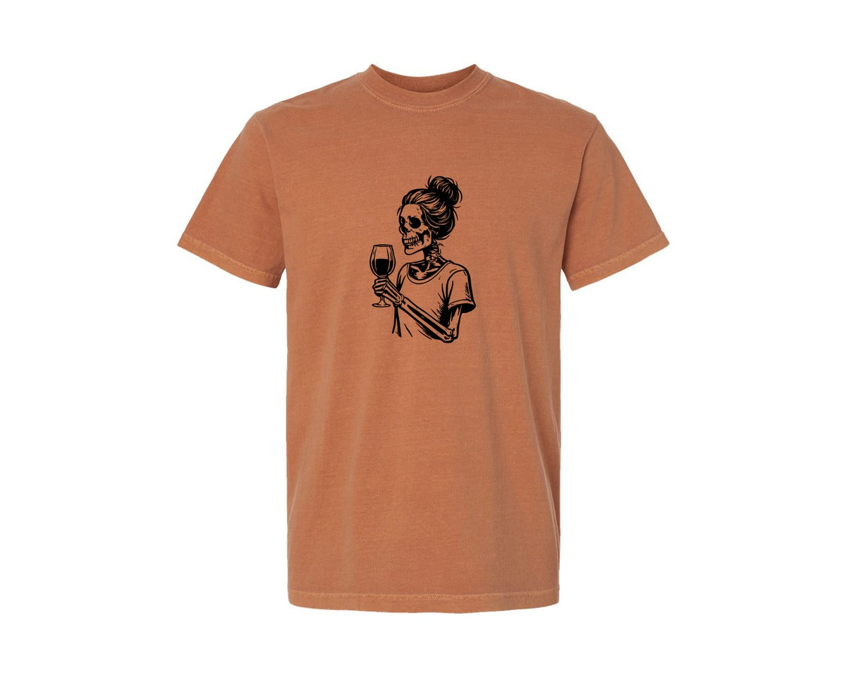 brand:Comfort Colors|color:Yam|Skeleton Holding Wine Glass Graphic T-Shirt